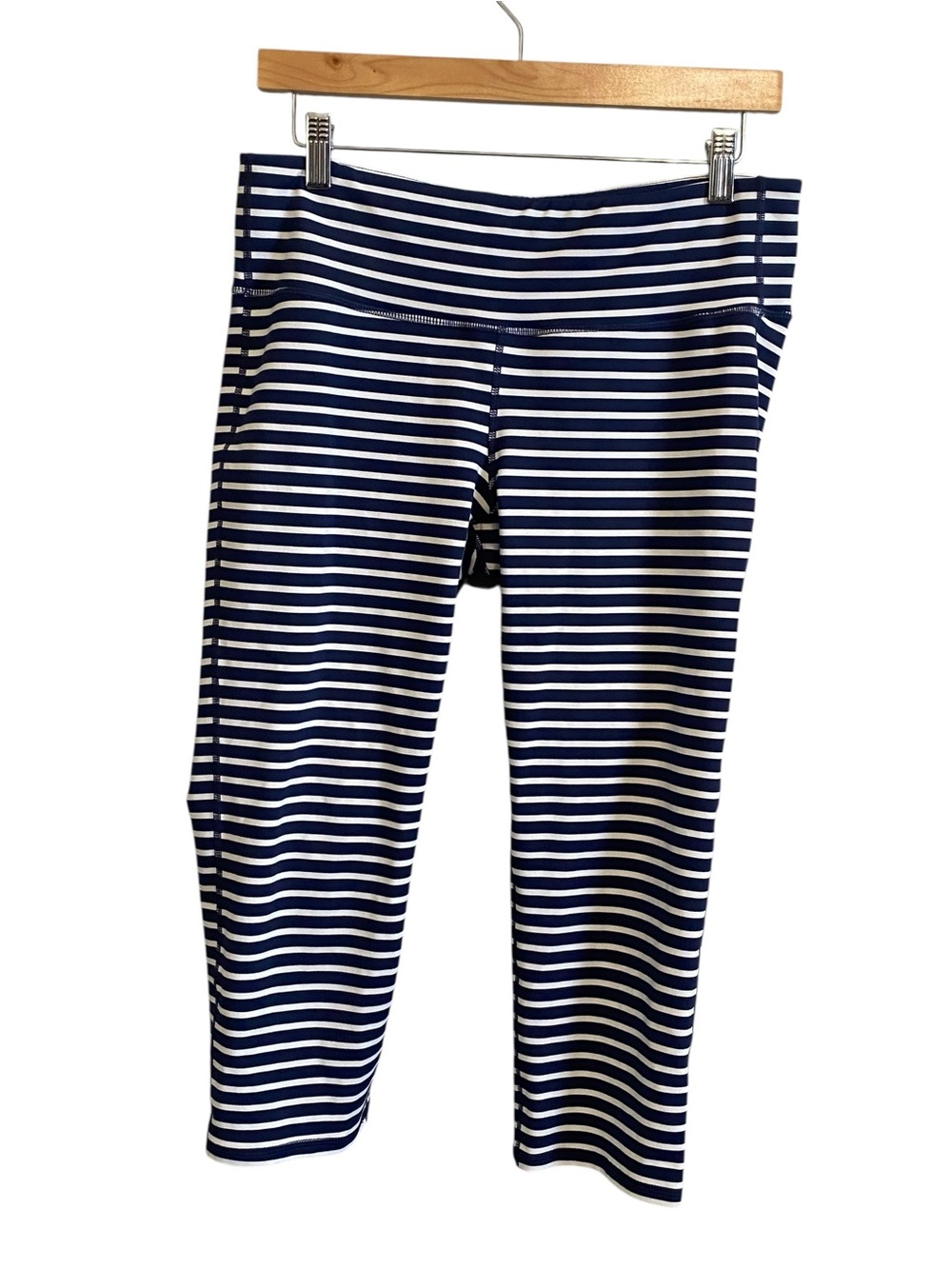 Athleta Navy and White Stripe Nautical Mid Rise Crop Leggings Size Large